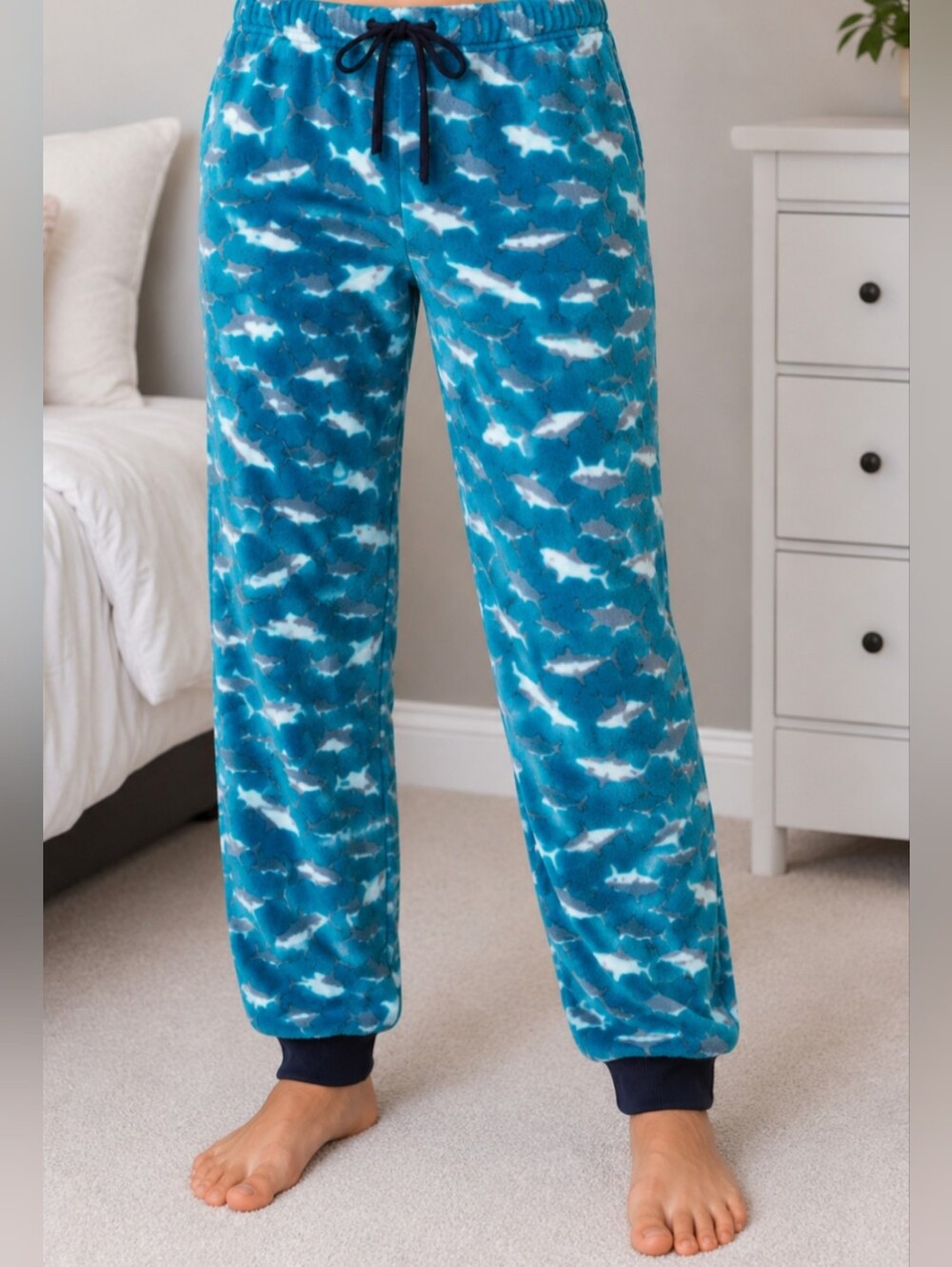 Union Mark Men's Shark Print Fleece Pajama Lounge Pants Size Medium Teal